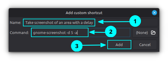 Add a name for the shortcut in the name field and add a command that you want to execute when the key is pressed.