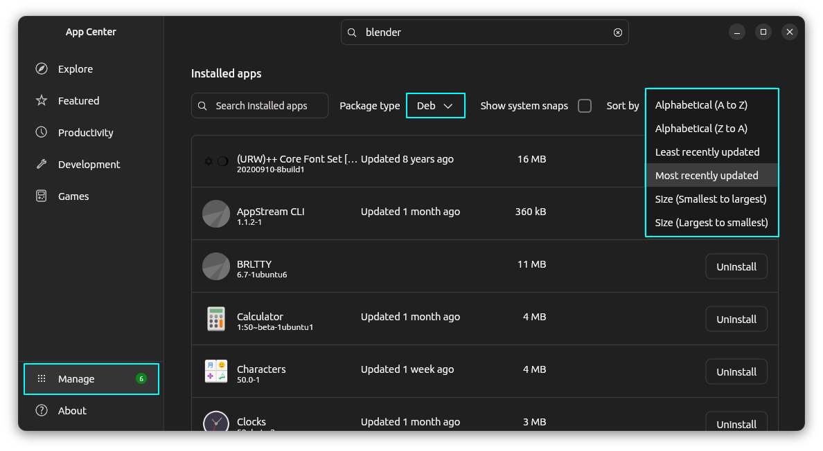 Arrange or sort installed deb packages in App Center