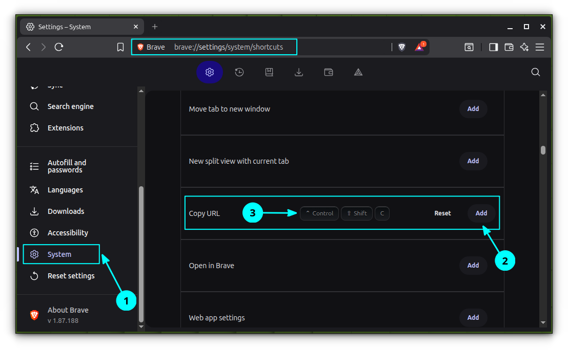 brave browser copy url shortcut