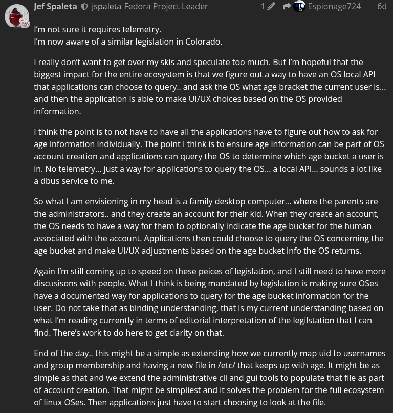 another wall of text that shows a post by jef spaleta, fedora project leader, it is also interlinked above