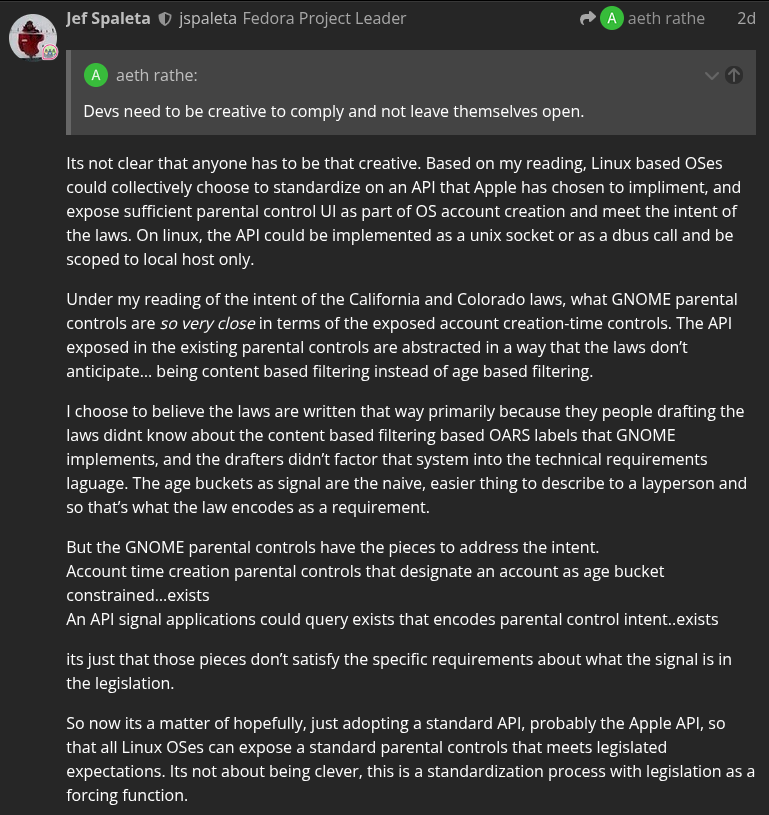 this screenshot shows a long wall of text, depicting what jef spaleta has replied to in a fedora forum thread; it is linked above