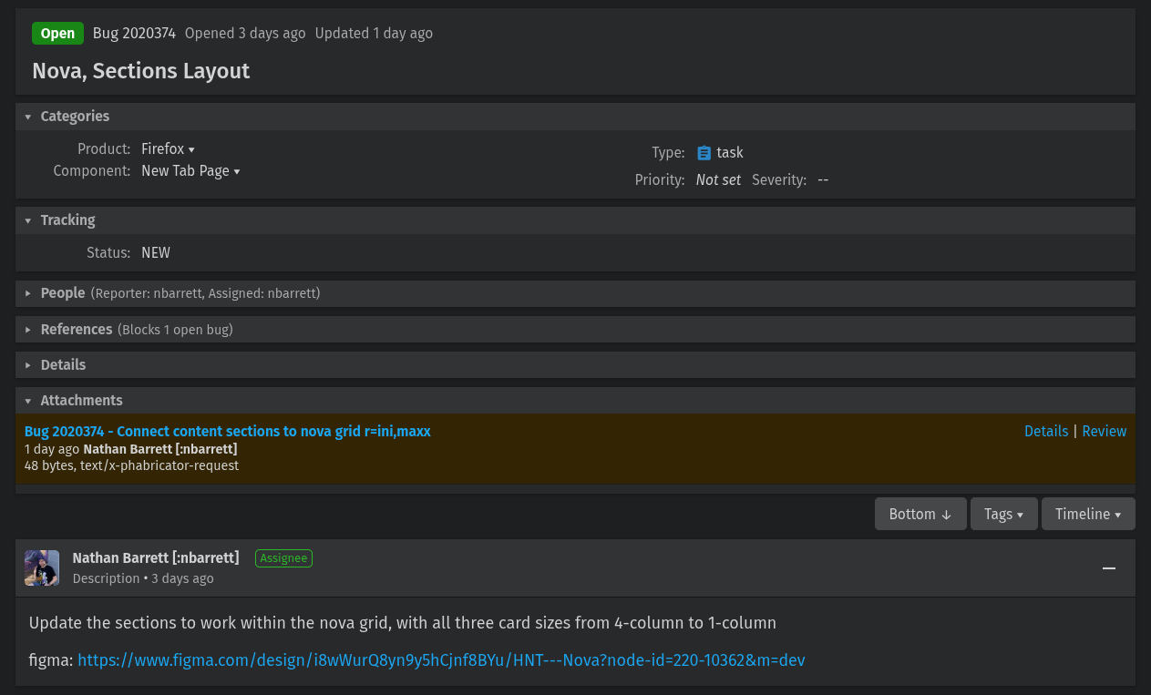 mozilla's bugzilla page showing an entry for nova, sections layout, and a comment below shows a figma link added by one of the developers