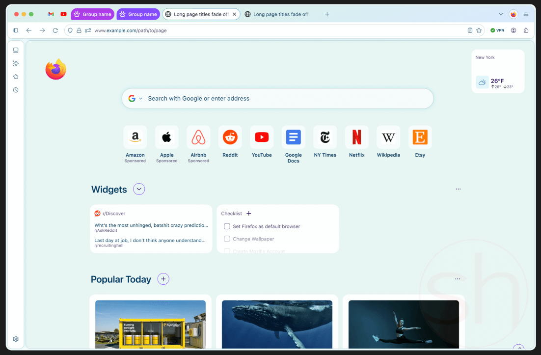 the new firefox nova redesign is showcased here with rounded corners and a mint green theme