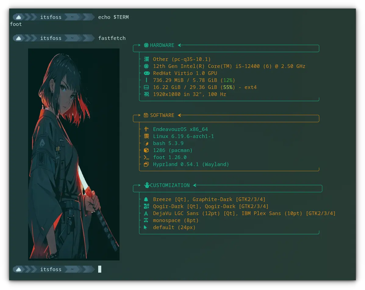 Foot Terminal with Fastfetch logo displayed.