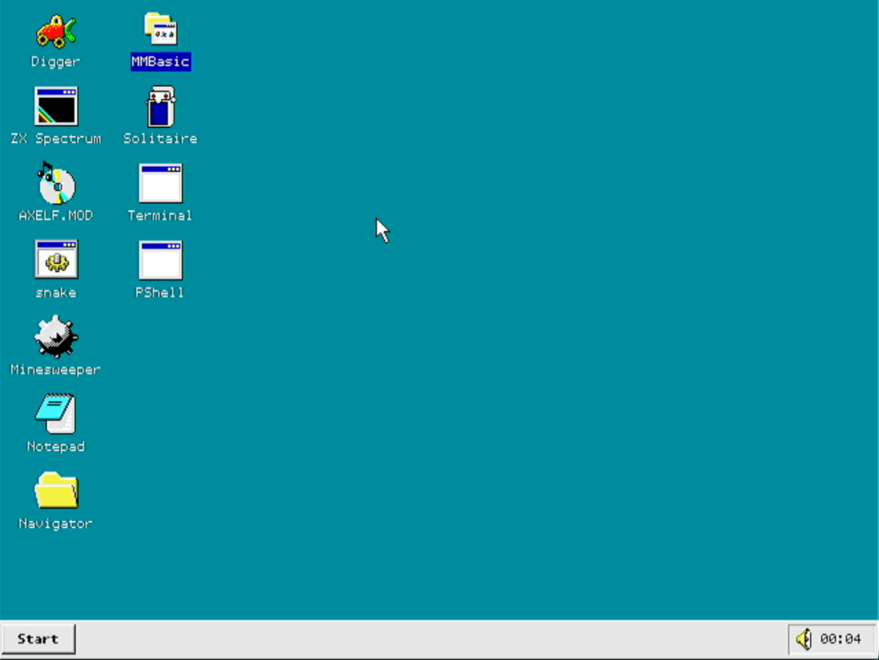 the windows 95-style desktop of frank os is shown here with a taskbar at the bottom and some app icon on the left