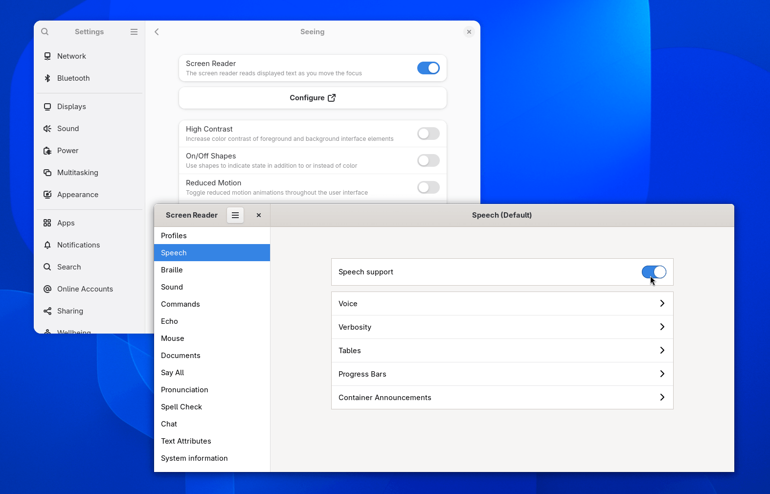 two app windows are shown here, in the background, the seeing category under the accessibility settings is shown, and in the foreground, the speech setting tab for orca screen reader is shown
