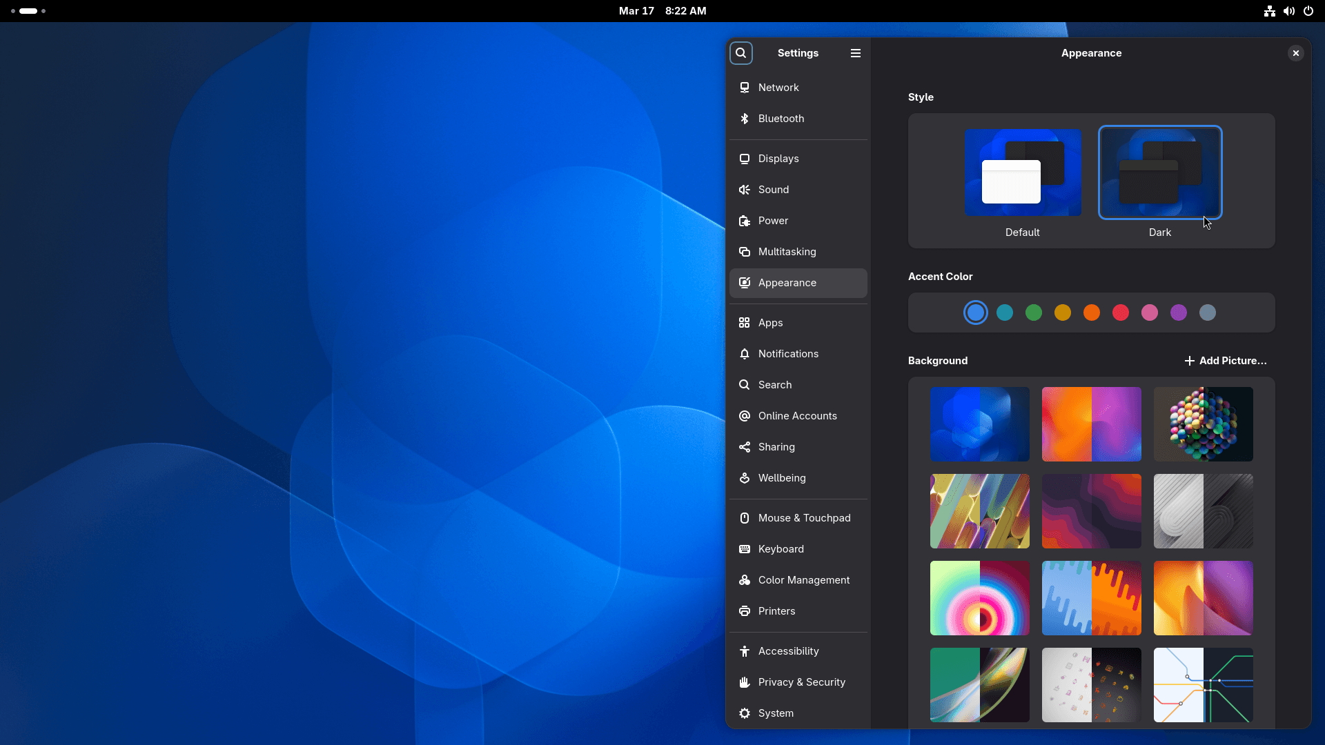 gnome 50's dark mode and new wallpapers are showcased here neatly