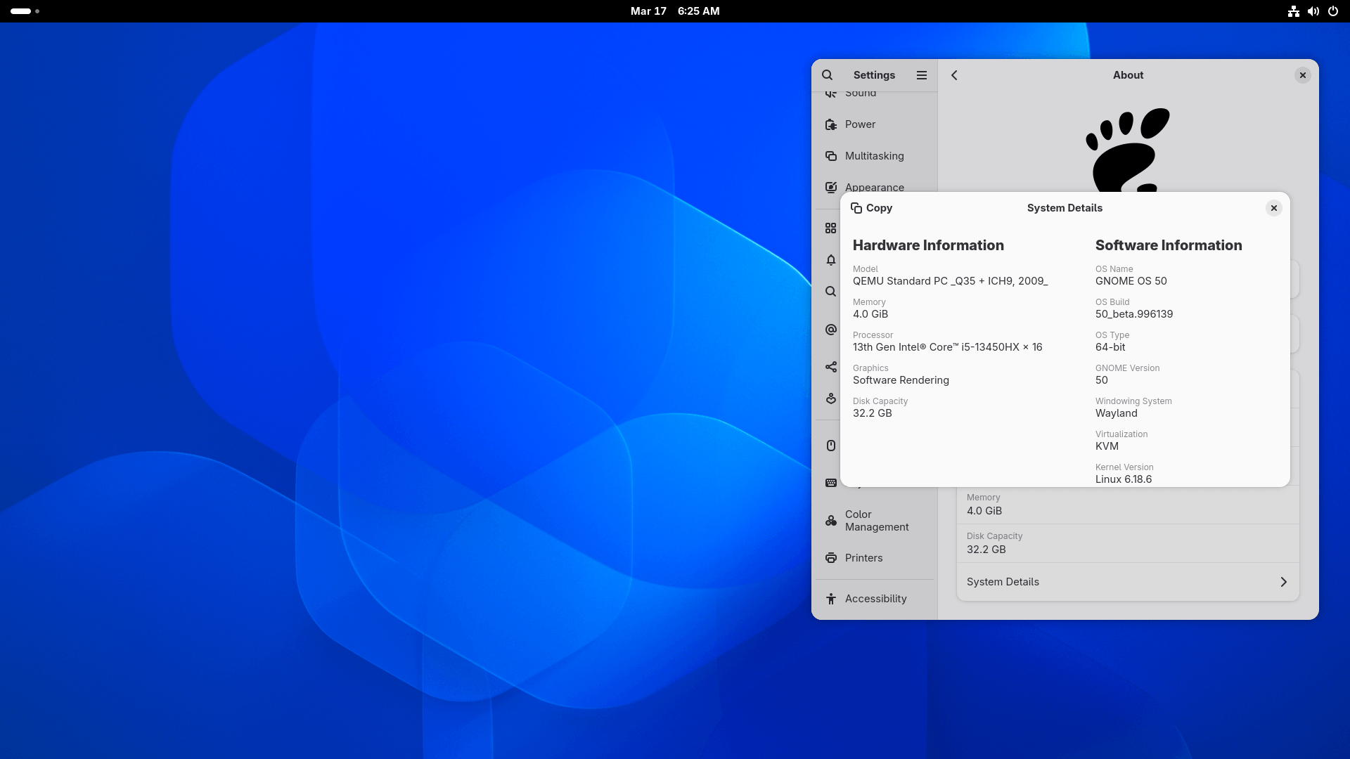 against a vibrant blue background, the system details dialog on gnome 50 is visible on the right, showing some key hardware and software information