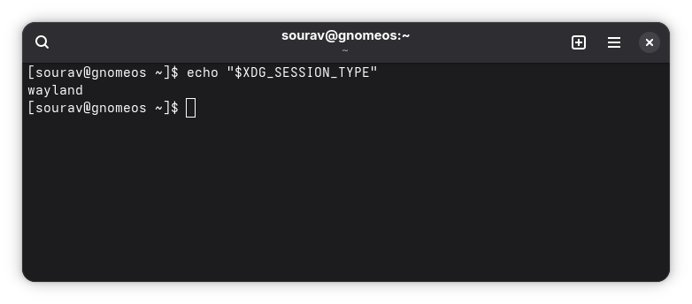 a terminal window that is showing the output for this command: echo "$XDG_SESSION_TYPE", the term "wayland" is printed due to this