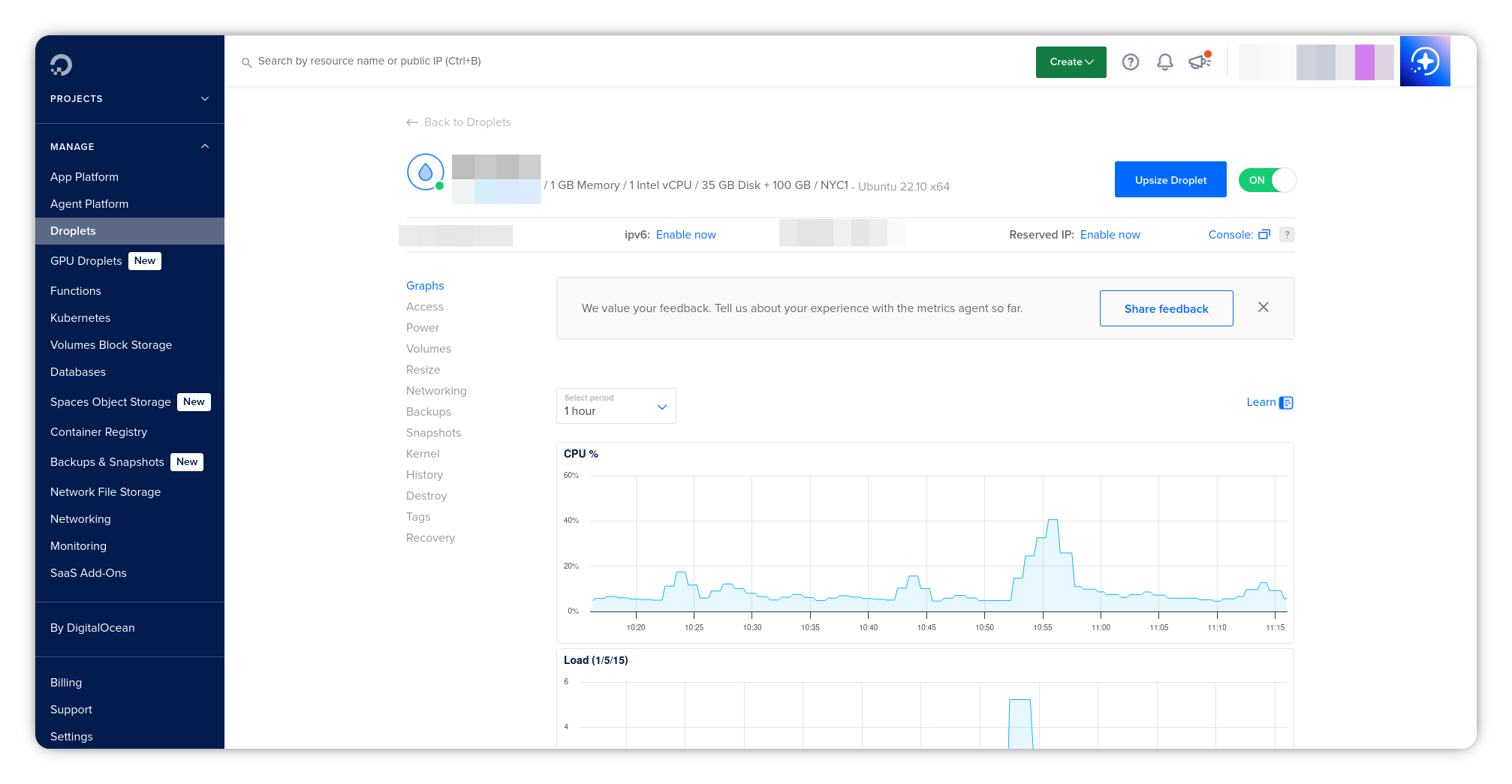 A Digital Ocean dashboard screenshot showing information for an Ubuntu-based droplet