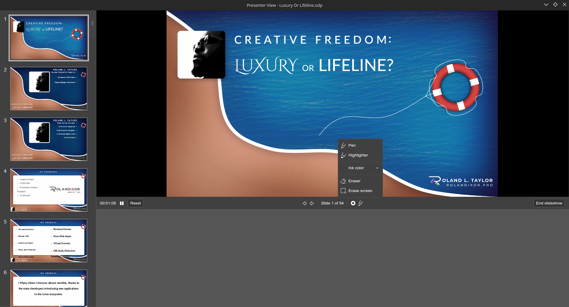 A screenshot of the Presenter View window in ONLYOFFICE Presentations, showing the annotation menu
