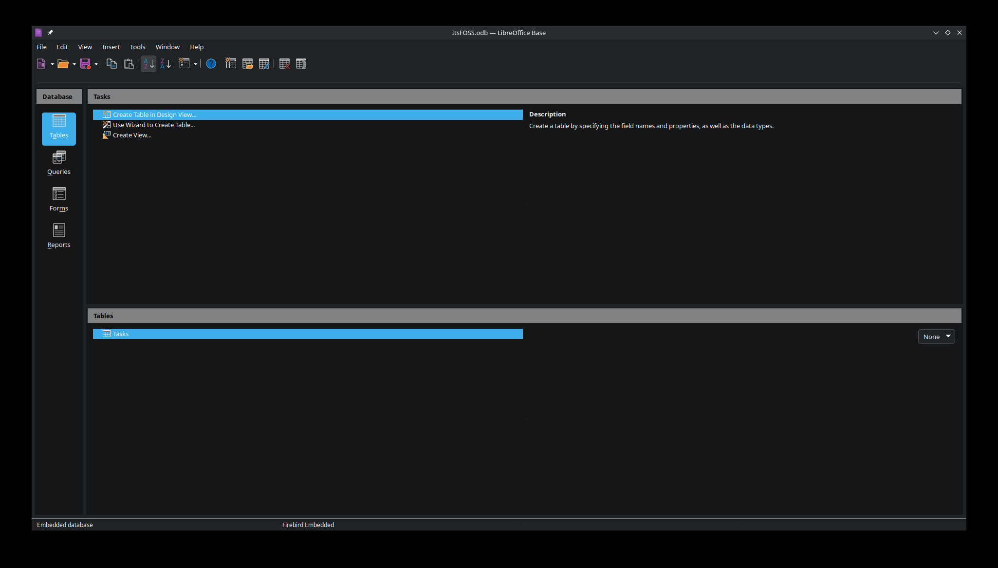 A screenshot of LibreOffice Base with a simple database opened