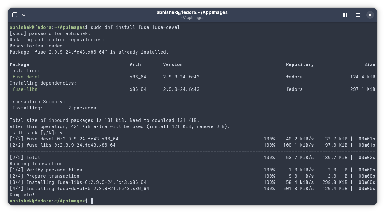 Installing fuse in Fedora Linux