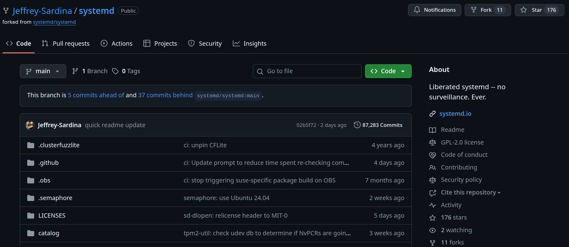 screenshot of the github repo for liberated systemd. there is a lot of text and interface elements in this