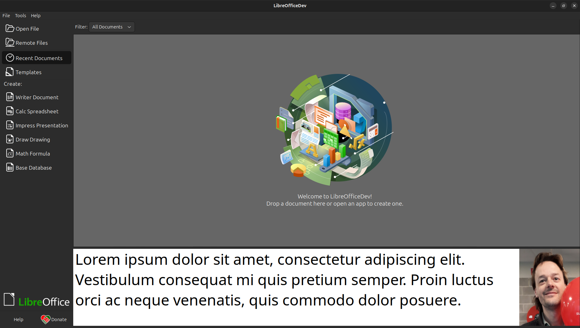 a screenshot of libreoffice that shows a big white-colored test donation banner at the bottom with a bunch of placeholder text, and a placeholder image of a man carrying a red baloon on the right