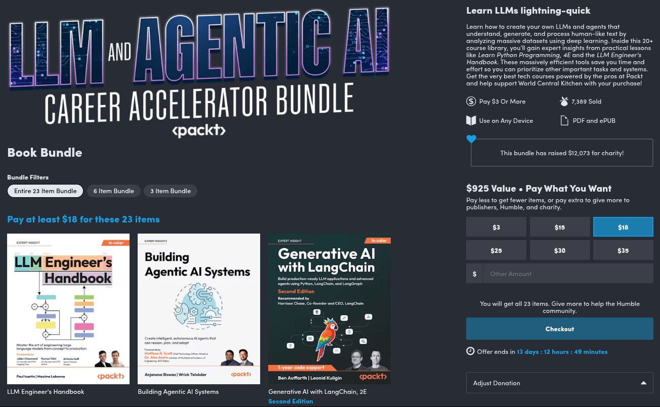 a cropped screenshot of the llm and agentic ai career accelerator bundle on the humble bundle website