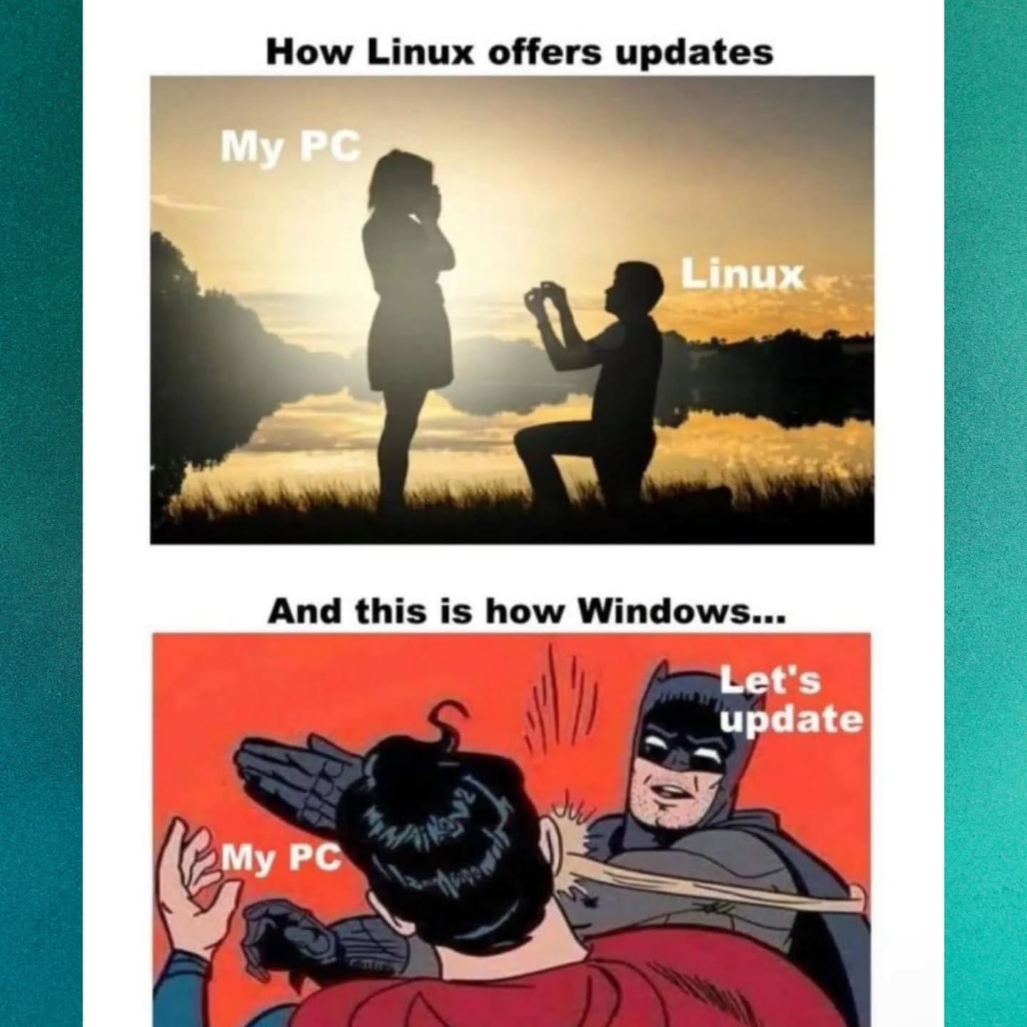 linux and windows update comparision meme