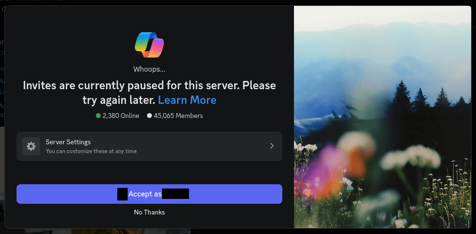 this screenshot of discord shows that invites to the microsoft copilot server is paused, and urges the user to try again later