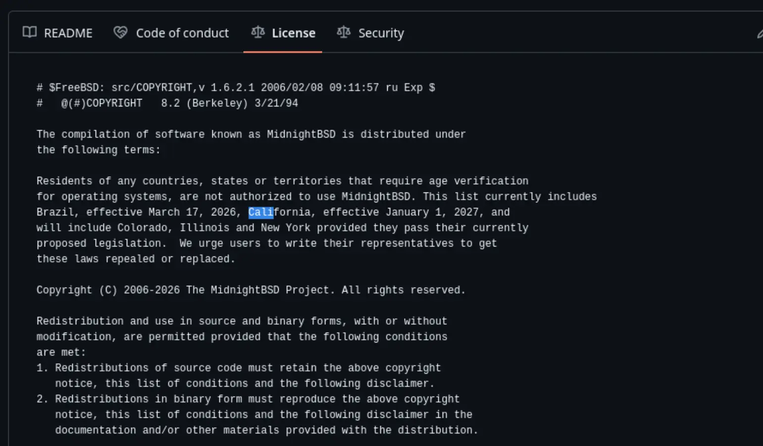 MidnightBSD age verification stance