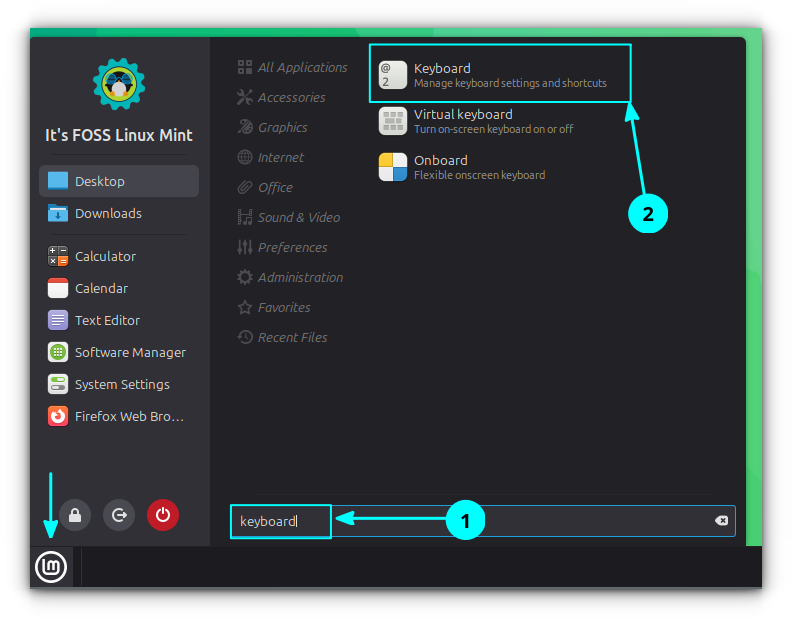 Search for keyboard in Start Menu and open the Keyboard application from the list.