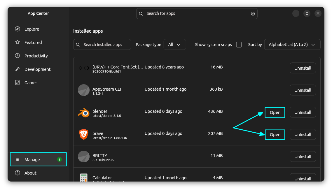Open Snap application from manage section