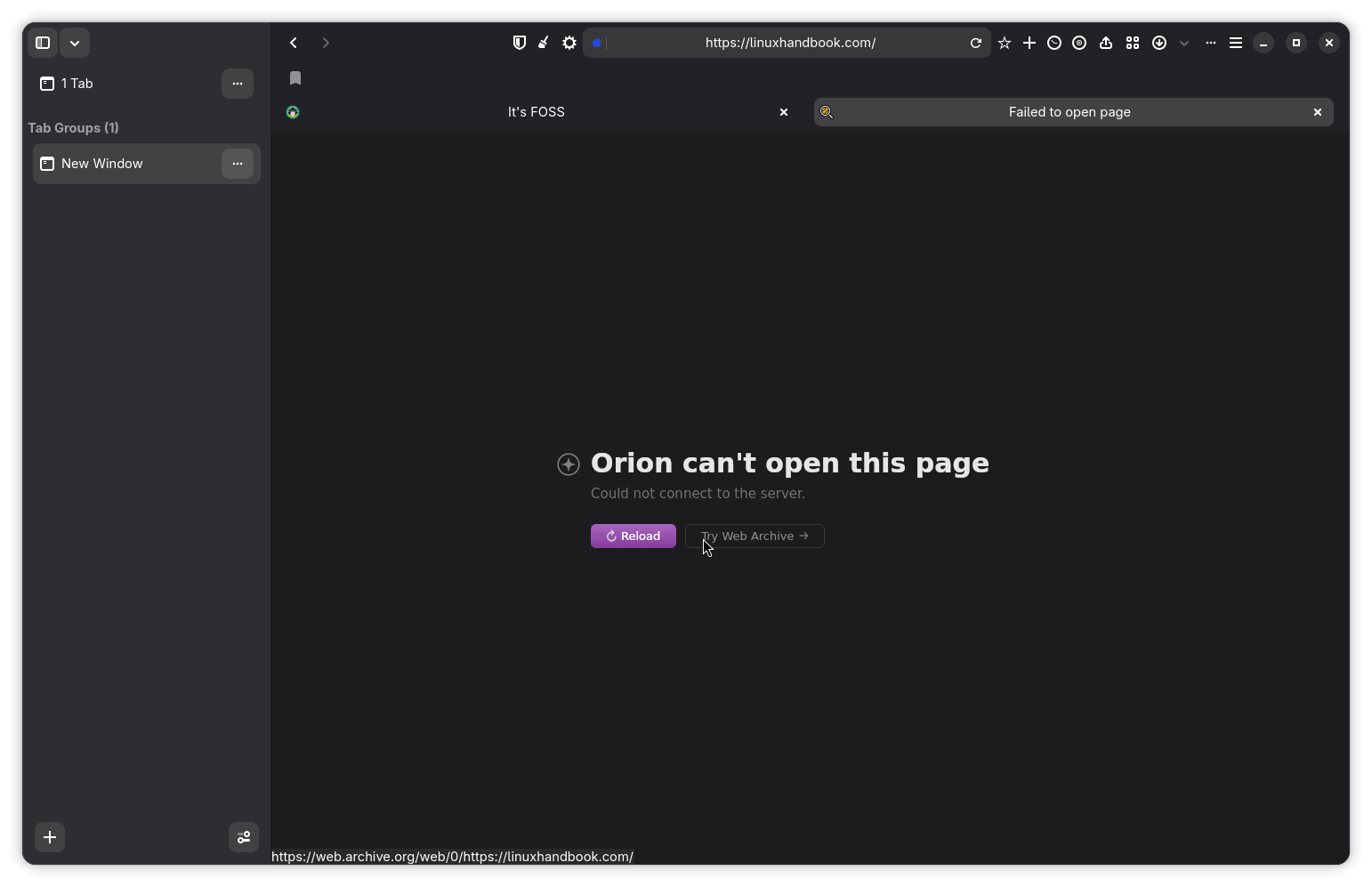 screenshot of orion browser that shows the "orion can't open this page" error in the middle