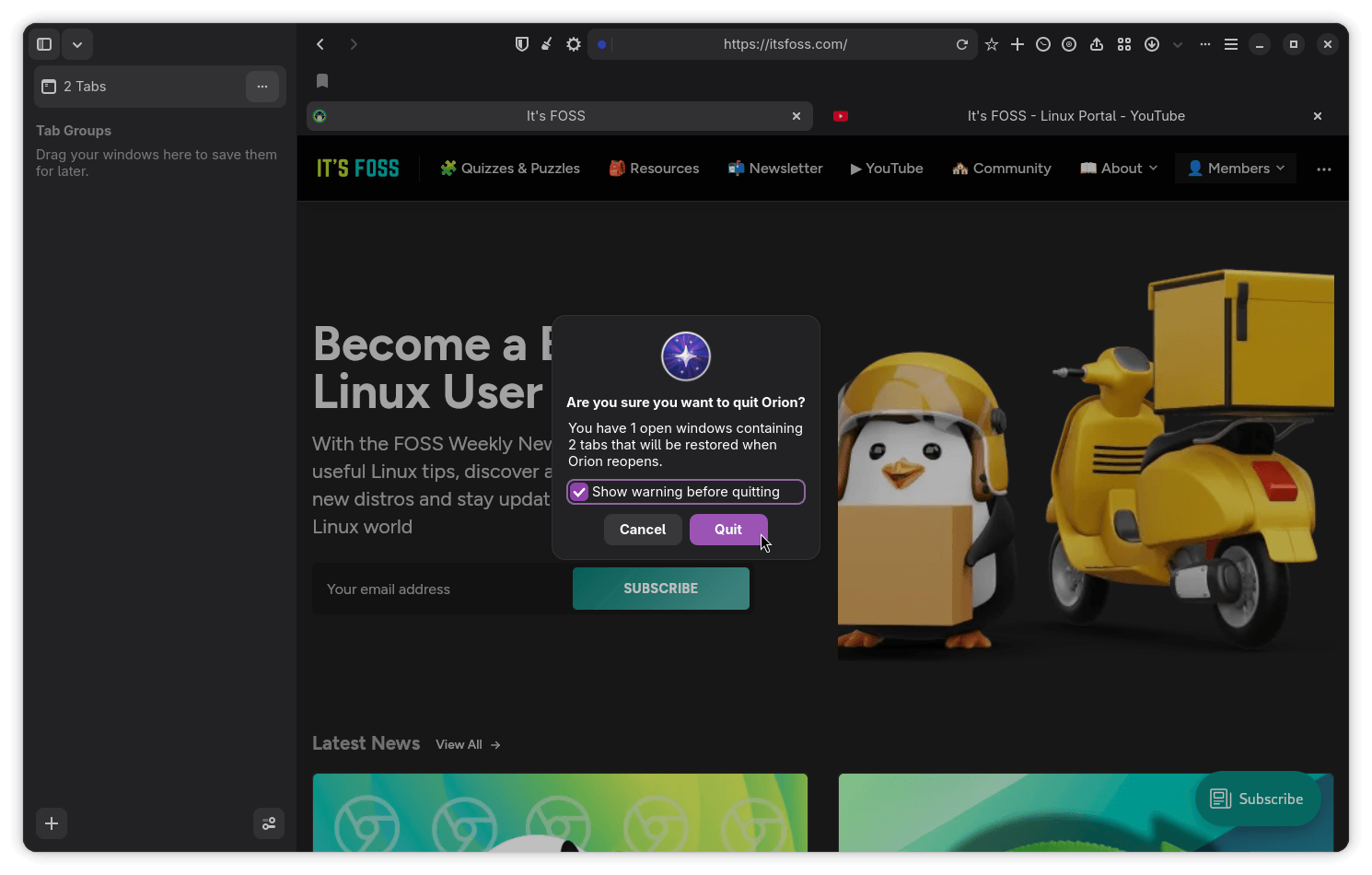 this screenshot of orion browser shows the quit confirmation dialog, this came up because there was an open window with two tabs in it