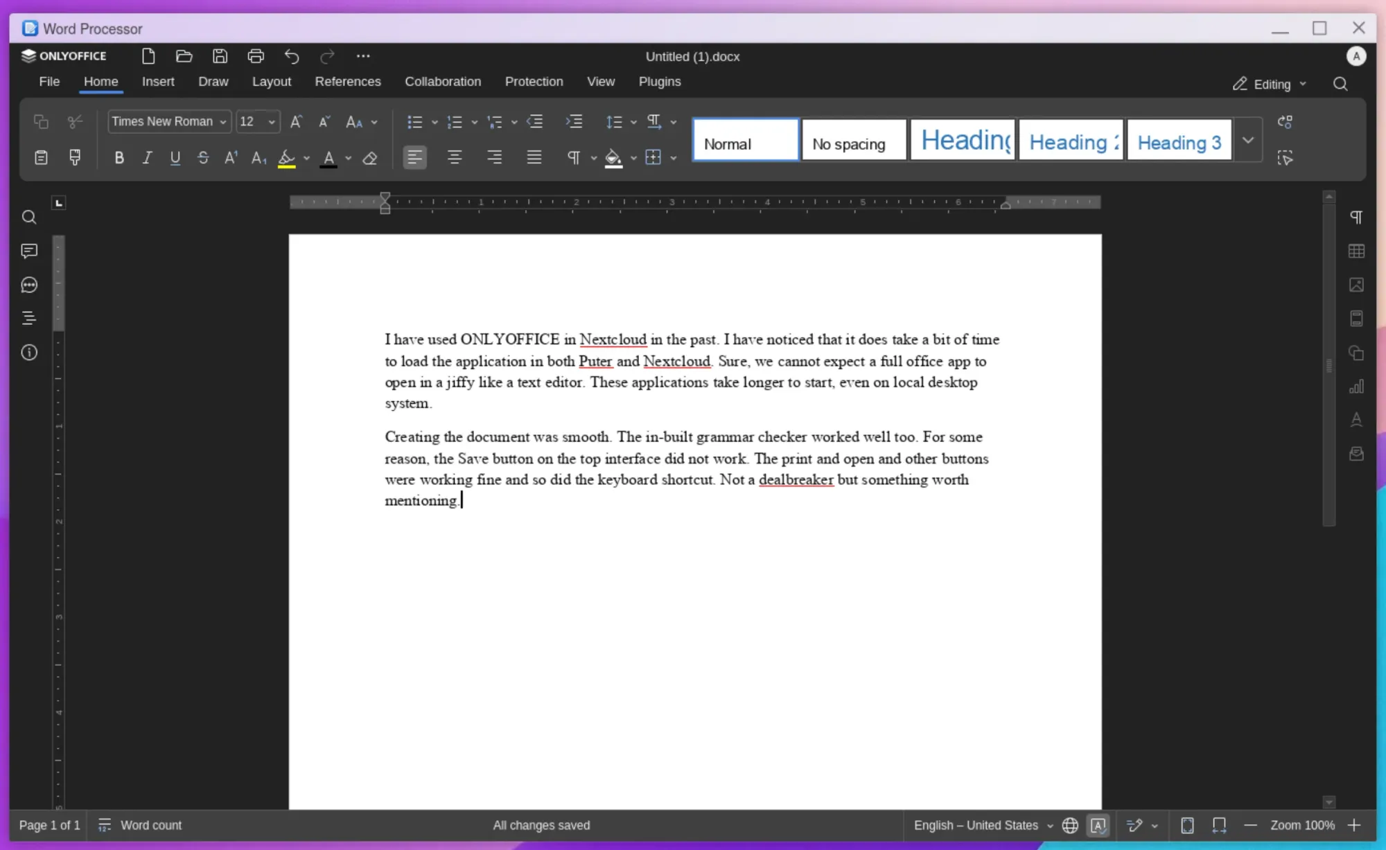 ONLYOFFICE word processor running in Puter OS running in browser