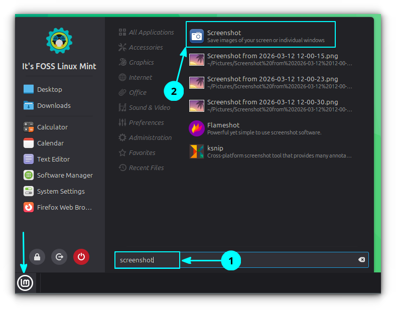 In the Linux Mint Start menu, search for Screenshot and open the Screenshot tool.