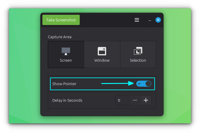 Show Pointer option in GNOME Screenshot Utility in Linux Mint.