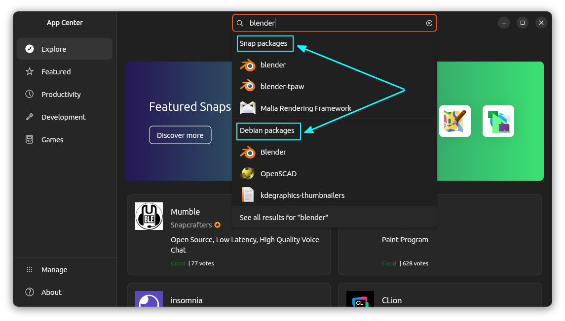 Snap and Deb packages in search separated