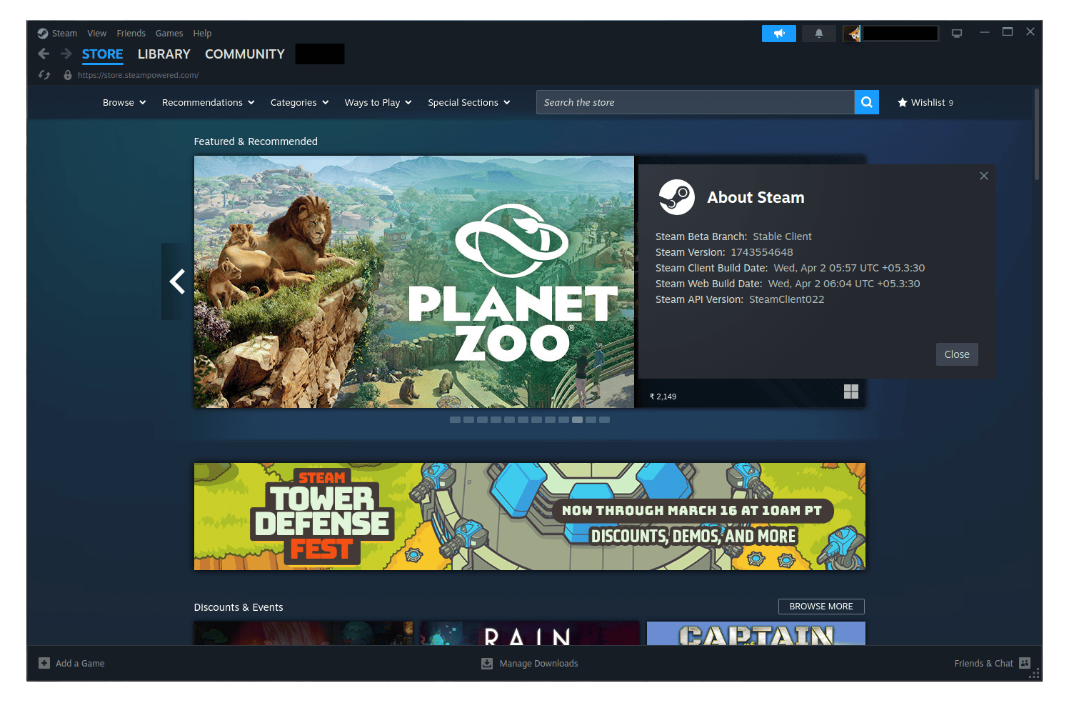 a linux build of steam is shown here, with the store page behind, listing some games,the highlighted one is called planet zoo, there's also a about steam dialog on the right that shows build info