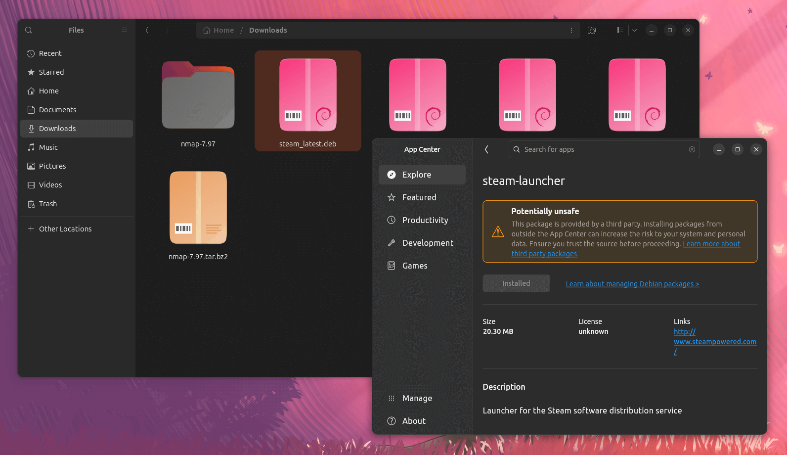 this screenshot shows the file manager and app center on a ubuntu 24.04 lts system, showing how the official deb package for steam is installed