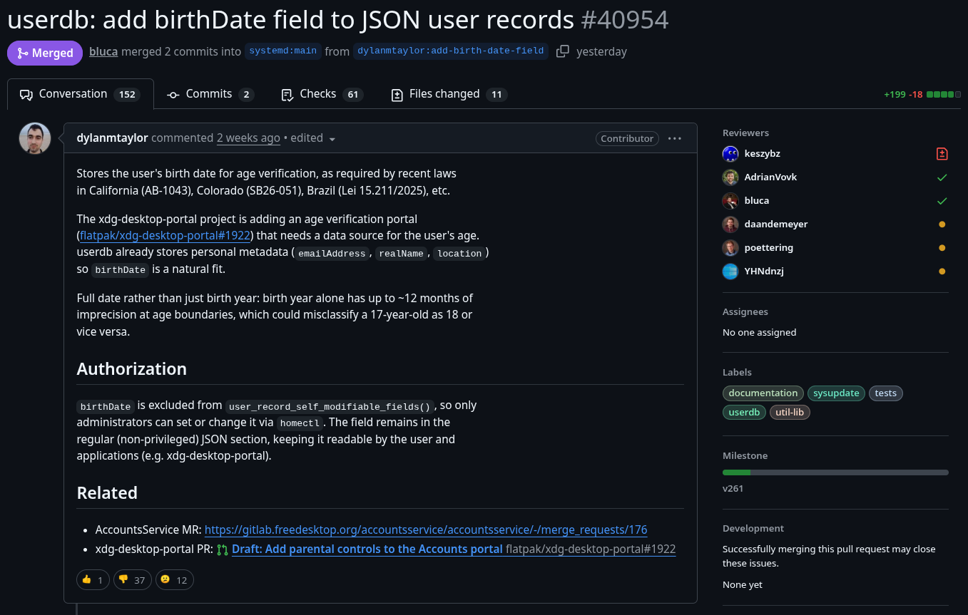 this is a screenshot of an accepted merge request on systemd's github repo that is titled: userdb: add birthDate field to JSON user records #40954