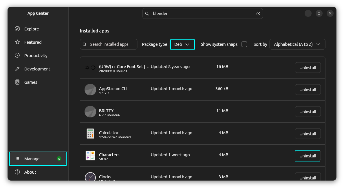 Uninstall Deb packages from the manage view in App Center