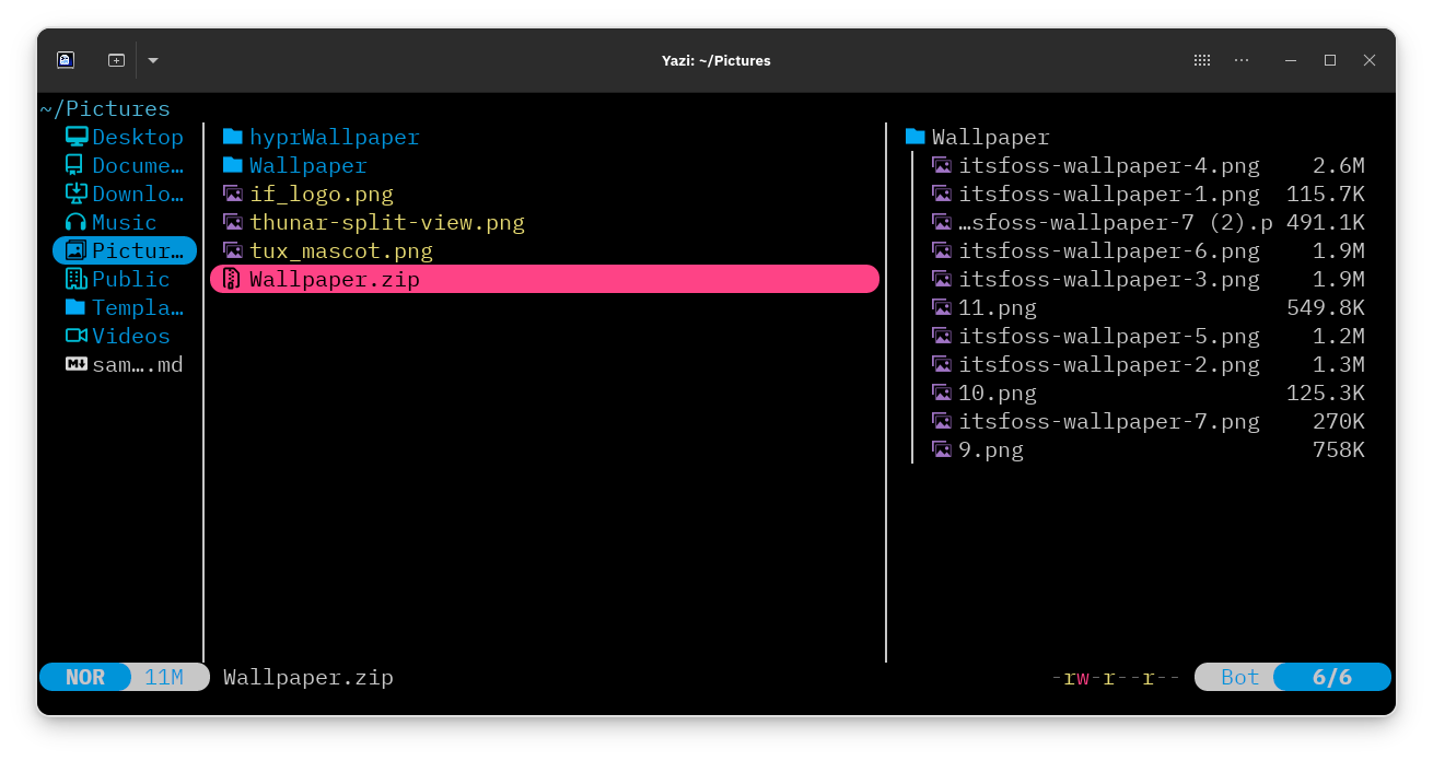 This is a small screenshot showing the Yazi file manager previewing contents of an archive file. It shows what are the files residing inside an archive file like tar or zip.