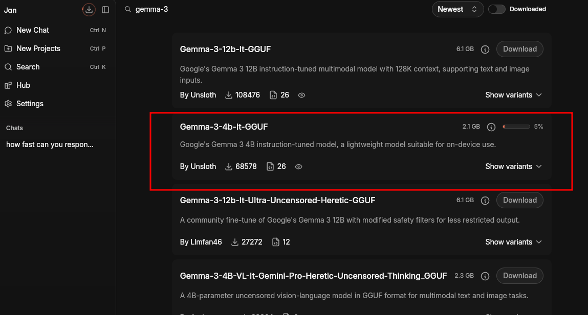 Screenshot showing download of Gemma 3 model with Jan AI application
