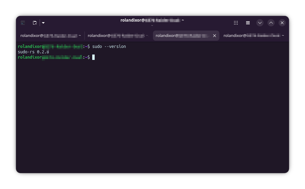 A terminal window showing the output of sudo --version, which gives sudo-rs 0.2.8 (taken on Ubuntu 25.10)