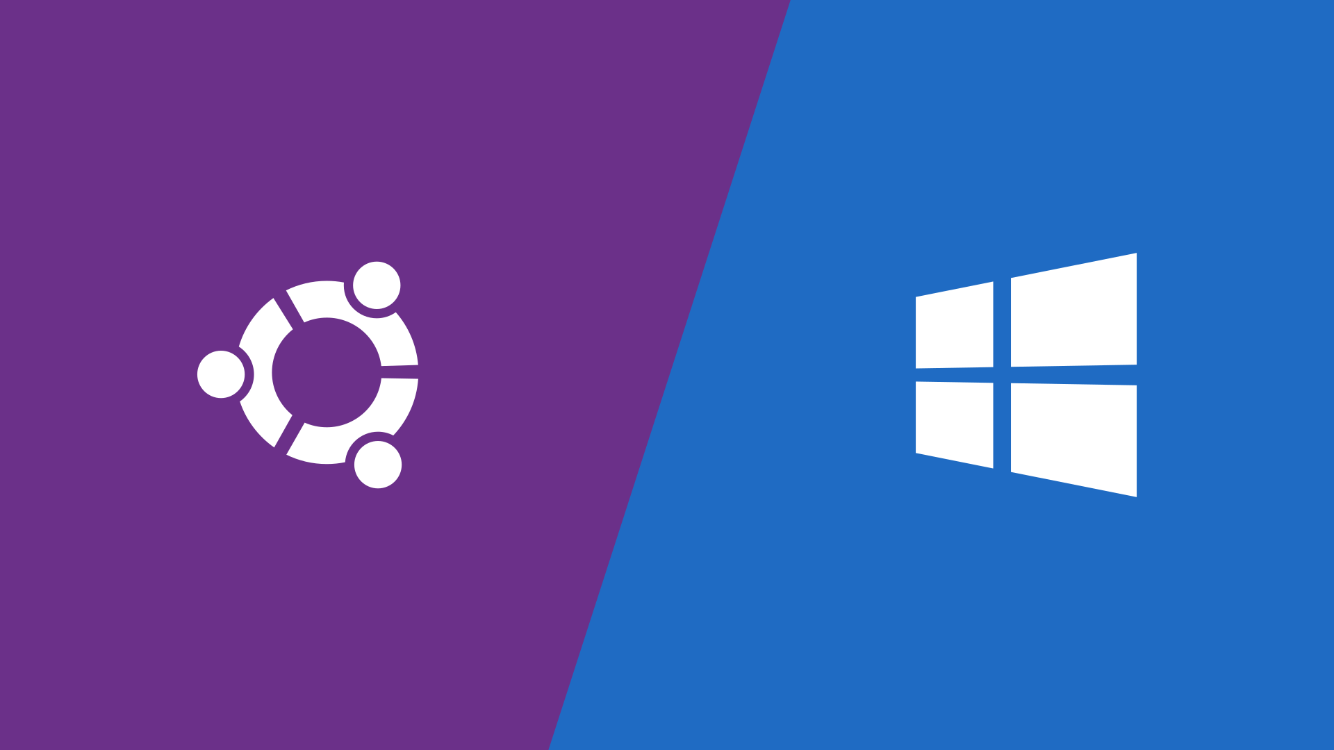 The Ubuntu and Windows icons sitting on a split backdrop with purple and blue backgrounds respectively
