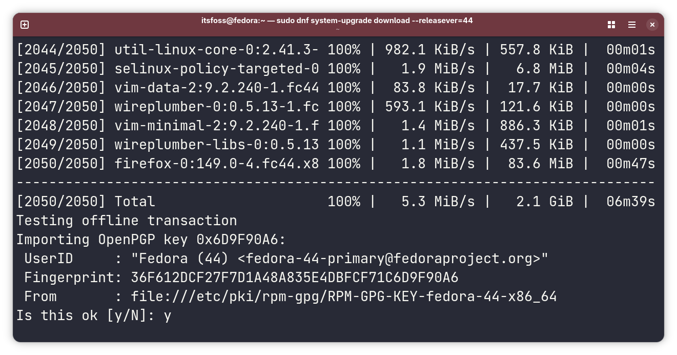 Accept Fedora key enter y to accept.