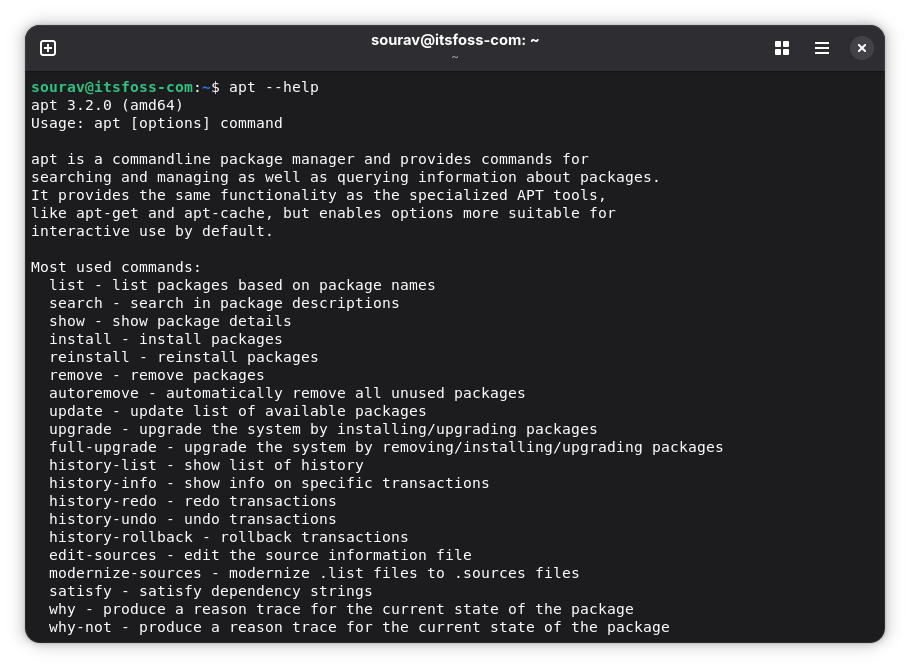 a terminal window that shows the output to apt --help, we have the version numbers, a brief description of apt, and a list of the most used apt commands