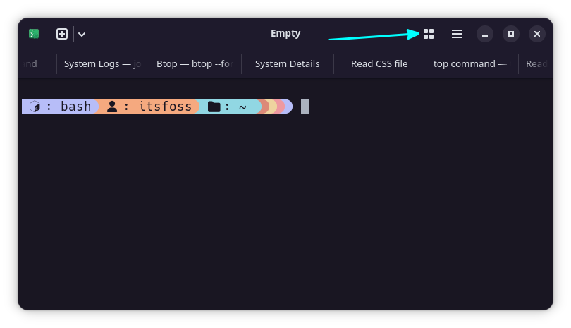 Click on the show open tabs button on the top-right of the title bar to open the Tab overview in Ptyxis terminal emulator.