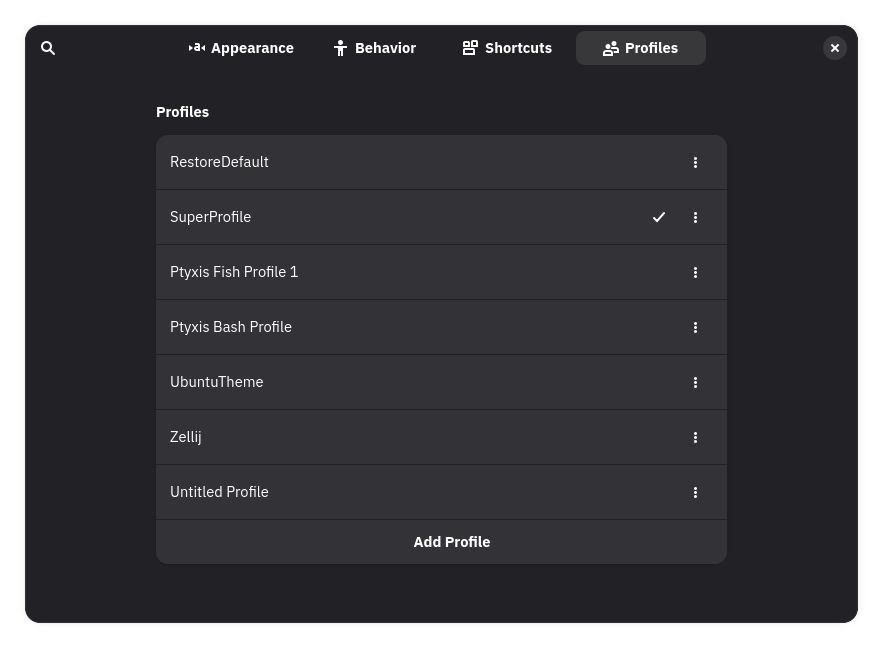A list of custom profiles created in Ptyxis terminal. The screenshot shows the profiles page in preferences, that list all profiles available.