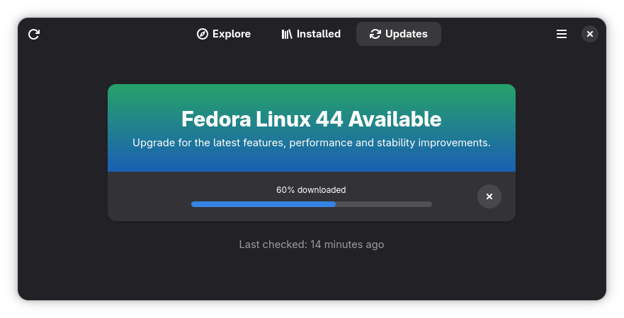 Downloading of Updates is progressing in the GNOME Software Application.