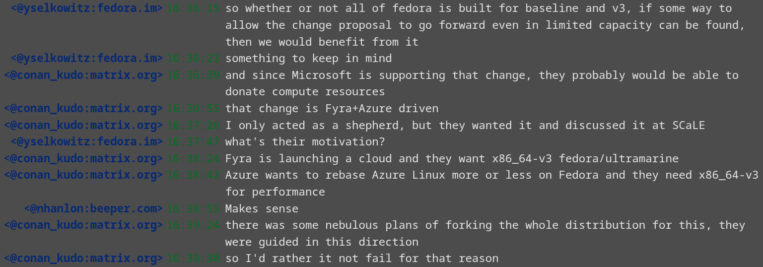 a cropped screenshot of the fedora eln sig meeting on april 21 that shows conversation between neal gompa and yaakov selkowitz