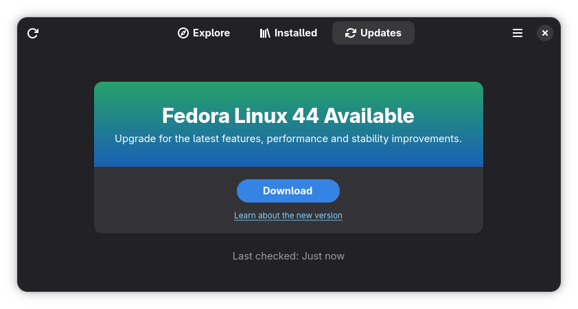 Fedora 44 available message is shown in the GNOME Software application Updates tab.