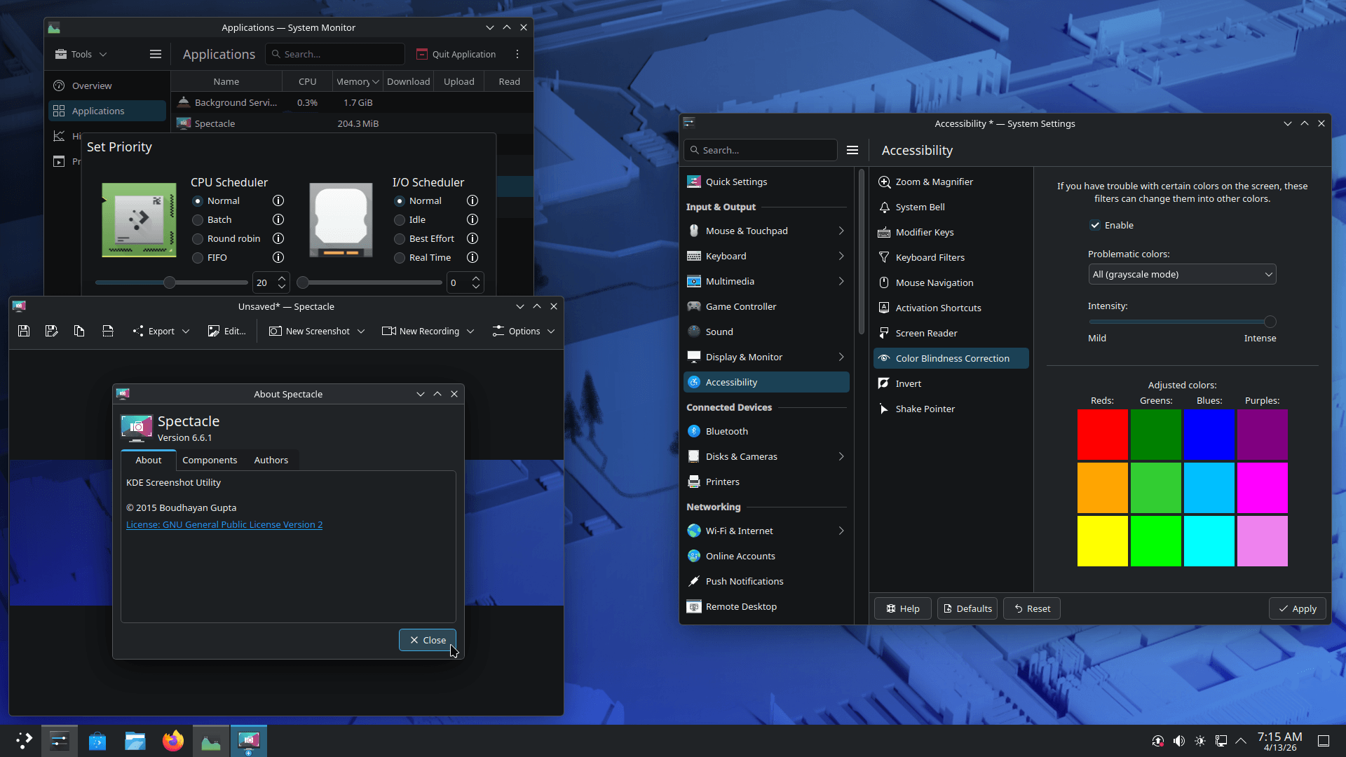a screenshot that shows fedora 44 kde plasma desktop running plasma 6.6 with some app windows open for system monitor, spectacle, and the accessibility page in system settings