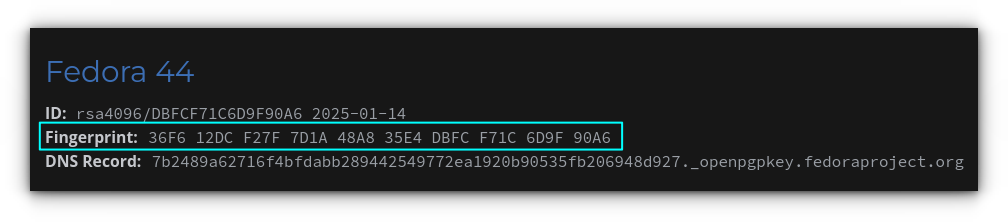 Fedora 44 signing key details