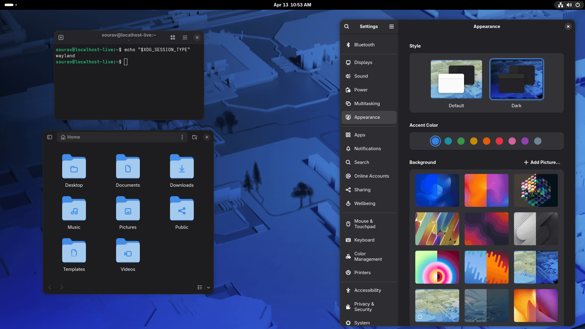 a screenshot that shows fedora 44 workstation running gnome 50 with some app windows open for terminal, file manager, and the appearance menu