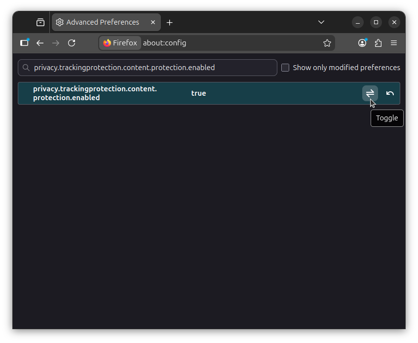 firefox screenshot that shows the about:config page with this search result: privacy.trackingprotection.content.protection.enabled